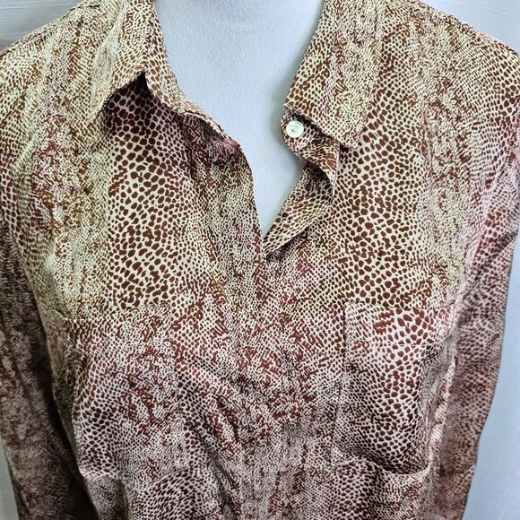 A New Day Brown Snakeskin Silky Button Front Blouse Size Large - Picture 4 of 11